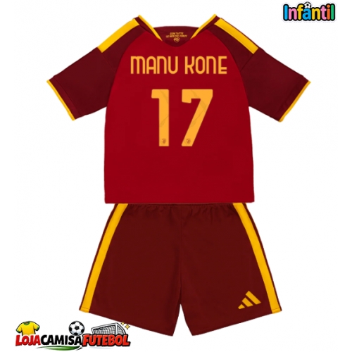 Camisa de Futebol AS Roma Manu Kone #17 Equipamento Principal Infantil 2026-27 Manga Curta (+ Calças curtas)